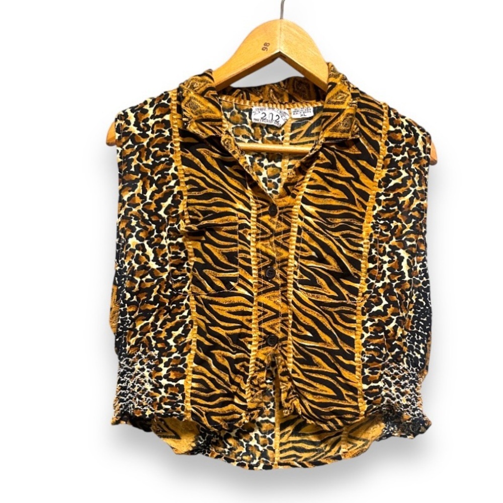 Vintage Y2K Mixed Animal Print Cropped Sleeveless Button Front Top Women's Sz XL